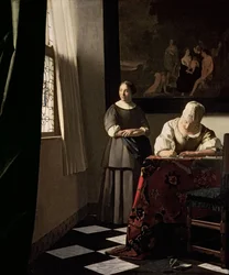 Senhora escrevendo uma carta com sua empregada doméstica, c.1670 (óleo sobre tela)