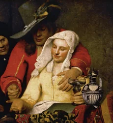 Pormenor de «A alcoviteira» - Retrato de um jovem galante e da cortesã - Pintura de Johannes (ou Jan) Vermeer (1632-1675), 1656, Gemäldegalerie Alte Meister, Dresden