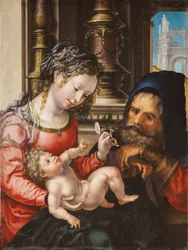 La Sainte Famille - Peinture de Jan Gossaert dit Mabuse (vers 1478-1532), huile sur bois, vers 1527-1530, 55,9x42 cm - The Holy Family, Óleo sobre madeira por Jan Gossaert - Museo de Bellas Artes de Bilbao