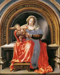 Virgem e Criança - Jan Gossaert (Gossart, dit Mabuse) (ca. 1478-1532). Óleo sobre madeira, cerca de 1526-1527. Dimensão : 30,6x24,5 cm. Museu de História de Arte, Vienne