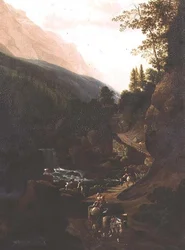 Muletas em um caminho de montanha por uma torrente
