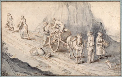 Camponeses carregando um carrinho de um cavalo com vegetais de raiz (caneta e tinta com lavagem em papel)