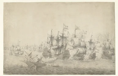 Uma batalha naval, possivelmente em Lowestoft em 13 de Junho de 1665 (página à esquerda)
