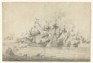 Uma batalha naval, possivelmente em Lowestoft em 13 de Junho de 1665 (página da direita)