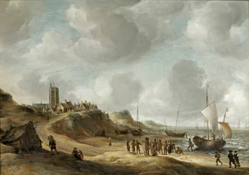Uma vista de Egmond aan Zee com pescadores na praia e transporte marítimo