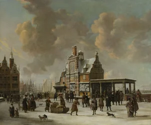 O Paalhuis e o Nieuwe Brug, Amsterdã, no inverno