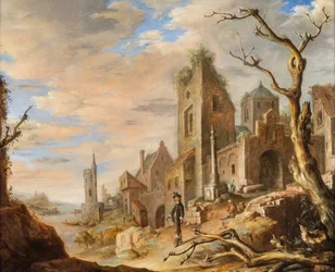 Uma paisagem de rio com uma cidade medieval