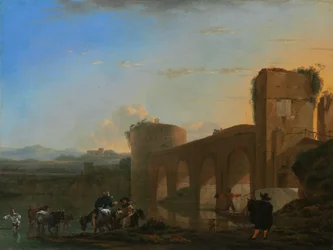 O rio Tibre com a Ponte Molle ao pôr do sol, c.1650 (óleo sobre tela)