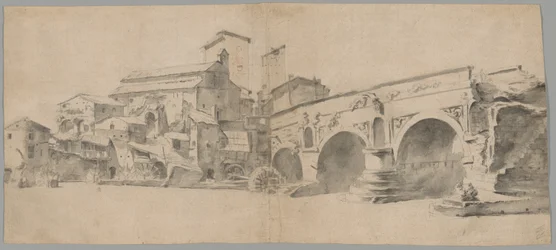 Vista da Ponte Rotto, Roma, com moinhos de água