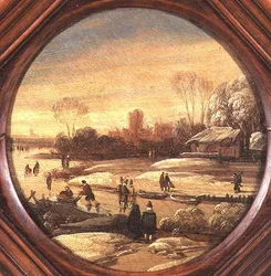 Uma paisagem de inverno com patinadores em uma hidrovia congelada