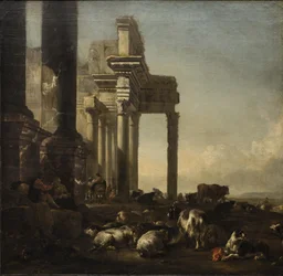 Uma paisagem italiana com camponeses, gado e ovelhas em ruínas clássicas, c.1650s (óleo sobre tela)