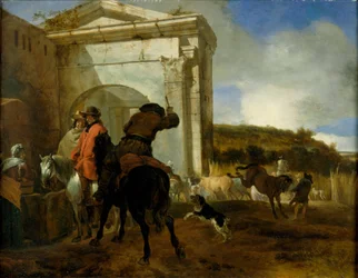 Paisagem italiana com cavaleiros junto a uma fonte