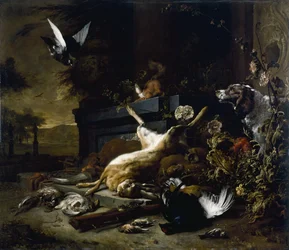 Natureza-morta de caça com uma lebre, um tetraz-lira e uma perdiz, um spaniel a observar e um pombo em voo, c. 1680