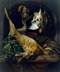 Natureza-morta com uma lebre morta, perdizes e outras aves num nicho, cerca de 1675