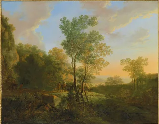 Uma paisagem italiana arborizada com viajantes