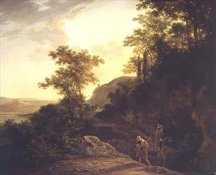 Uma paisagem arborizada italianizada com viajantes que forjam um riacho em uma passagem de montanha