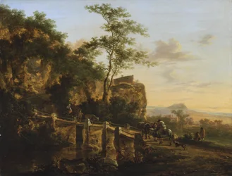 Neerlandês: Paisagem meridional com viajantes junto a uma ponte (a Ponte Acquoria perto de Tivoli) Paisagem de montanha com uma ponte