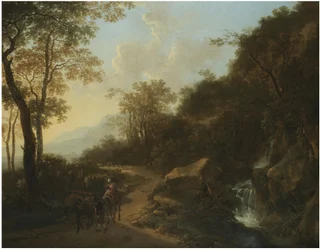 Paisagem italianizada com viajantes a atravessar um riacho