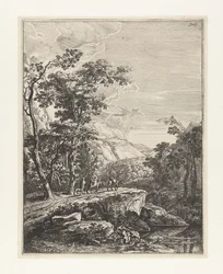 Paisagem com uma mulher montada numa mula ao longo do Aqua Negro, entre Bolonha e Florença - Paisagens italianas (título da série)