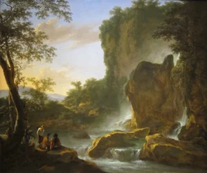Homens a descansar numa paisagem montanhosa arborizada com cascatas