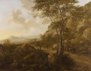 Paisagem de montanha com tropeiros num trilho