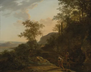 Paisagem do sul com viajantes num vau