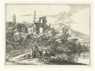 Duas vacas à beira da água no Tivoli Paisagens ao redor de Roma (título da série)