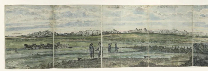Panorama de Hottentots Holanda Kaapsche Bergen do Cabo ao Norte, estendendo-se desde o Baay Fals até o Tygerberg. 1787 (título no objeto)
