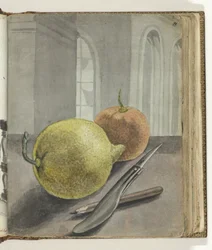 Natureza morta com fruta, faca e lápis.