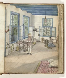 Sala de estar com o filho Jantje e Flora, uma escrava, em uma roca