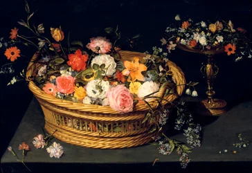 "Cesto de Flores e Cálice em Prata Dourada", naturezas mortas, século XVII