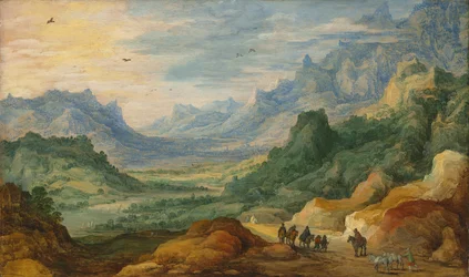 Uma paisagem montanhosa com viajantes e pastores em um caminho