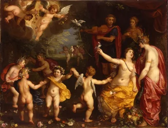 Alegoria do amor: Vênus segurando um par de pombas amarradas, com Ceres, Apolo e Diana, cercadas por putti dançando, em uma paisagem