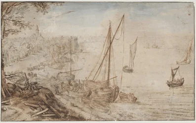 Paisagem do rio. Em primeiro plano um barco sendo carregado e homens cortando pranchas