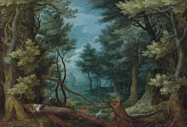 Uma paisagem florestal com caçadores a perseguir um veado