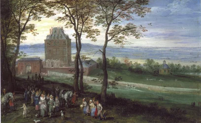O arquiduque Albrecht e Isabel diante do Castelo de Mariemont