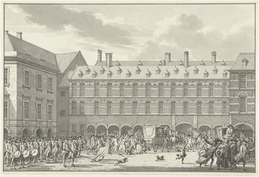 Riots como os deputados de Dordrecht cavalgam através do Stadholder Gate no Binnenhof, 1786
