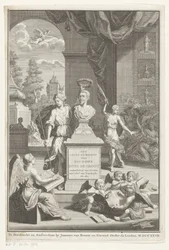 Busto de Hugo de Groot elogiado por Victoria A vida e os negócios do Sr. Huig de Groot (título no objeto) Página de rosto para: Caspar Brandt e Adriaan van Cattenburg, História da vida do Sr. Huig de Groot, 1727