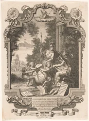 Cartouche com alegoria sobre a história da Grécia
Página de título para: Kornelis Westerbaen, historiador de Algemeene, 1742