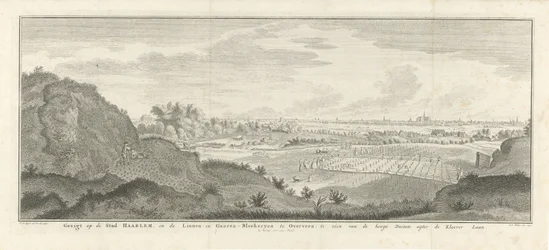 Vista de Haarlem e Overveen Vista da cidade de Haarlem e das arquibancadas de linho e fio em Overveen, vistas das altas dunas atrás do Kleever Laan (título no objeto)