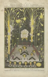 Exposição de fogo de artifício a 15 de Outubro de 1745, dia do nome de Maria Theresa, encomendada por Anthoni de Groot
Ilustração do fogo de artifício, por Anthoni de Groot, Courantier van 