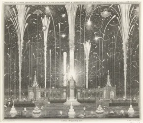 Fogos de artifício em Haia para a paz de Aachen, 1749 Representação dos fogos de artifício, disparados em Haia, 13 de junho de 1749, usados ​​por den Aakensche Vreede / Representation du feu d