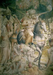 Campanha do imperador Carlos V contra os turcos em Túnis em 1535: a derrota dos turcos na batalha de Goleta, o detalhe dos cavaleiros que saciam a sua sede, o desenho de uma tapeçaria de carvão e o wc