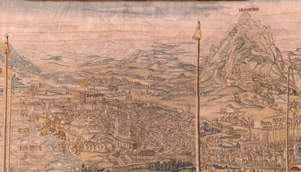 Tapeçaria flamenga. Série A Conquista de Tunis; Revisão das Tropas em Barcelona (La revista de las tropas en Barcelona). Segunda tapeçaria da série. Modelo Jan Vermeyen e Pieter Coecke van Aelst. 1543-1548. Fabrico da Real Fábrica de Tapices de Sant