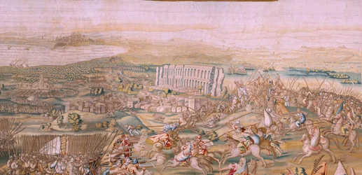 Tapeçaria flamenga. Série A Conquista de Túnis. O Ataque a La Goleta (Ataque a la Goleta). A quarta tapeçaria da série. Modelo Jan Vermeyen e Pieter Coecke van Aelst. 1543-1548. Fabrico da Real Fábrica de Tapices de Santa Bárbara, Madrid