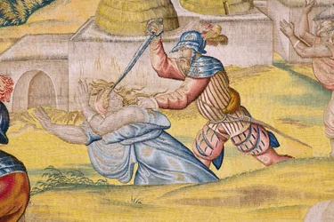 Tapeçaria flamenga. Série A conquista de Tunes: Take of Tunis. O cartunista Jan Cornelisz Vermeyen. Atelier Willem de Pannemaker, Bruxelas. Ca 1545. Detalhe.