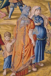 Tapeçaria flamenga. Série A conquista de Tunis: A pilhagem de Tunis. O cartunista Jan Cornelisz Vermeyen. Atelier Willem de Pannemaker, Bruxelas. Ca 1545. Detalhe.