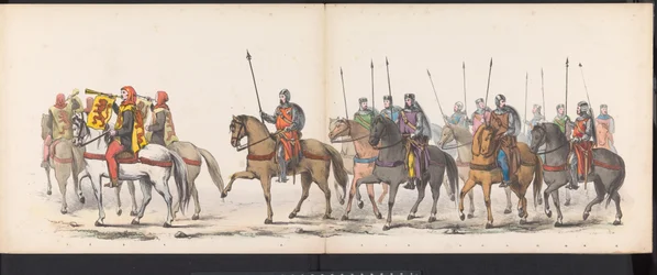 Máscara dos estudantes de Leiden, 1865 (placa 1) Procissão fantasiada realizada pelos membros do corpo estudantil de Leiden em 6 de junho de 1865, em comemoração aos 290 anos da Leidsche Hoogeschool, retratando: a entrada dos holandeses em