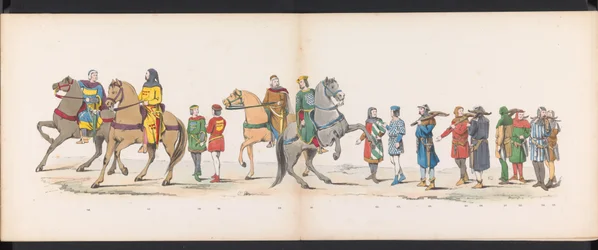 Máscara dos estudantes de Leiden, 1865 (placa 10) Procissão fantasiada realizada pelos membros do corpo estudantil de Leiden em 6 de junho de 1865, em comemoração aos 290 anos da Leidsche Hoogeschool, representando: a entrada dos holandeses b