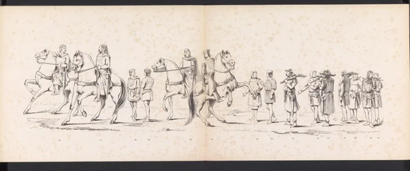 Mascarada dos estudantes de Leiden, 1865 (placa 10)
Desfile com trajes realizados pelos membros do corpo estudantil de Leiden em 6 de Junho de 1865, em celebração do 290º aniversário da Universidade de Leiden, retratando: a entrada dos holandeses b
